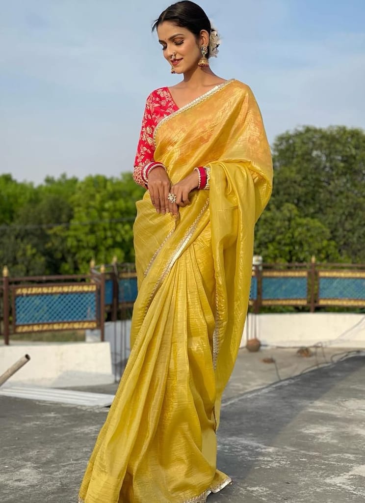 Attractive Yellow Crush Tissue Silk Saree with Jacquard Weaving Stitched Blouse view 2
