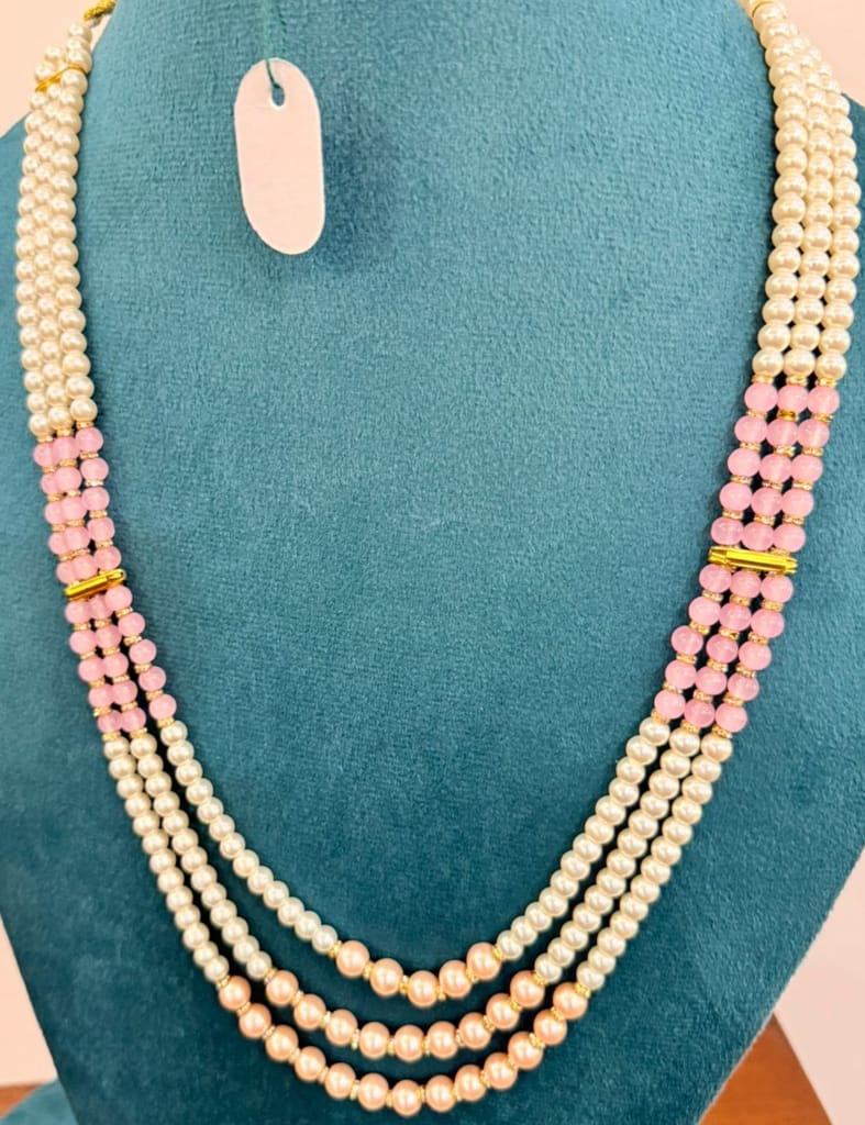 3-strand lvory moti pearl necklace with soft pink quartz gemstone accents view 2