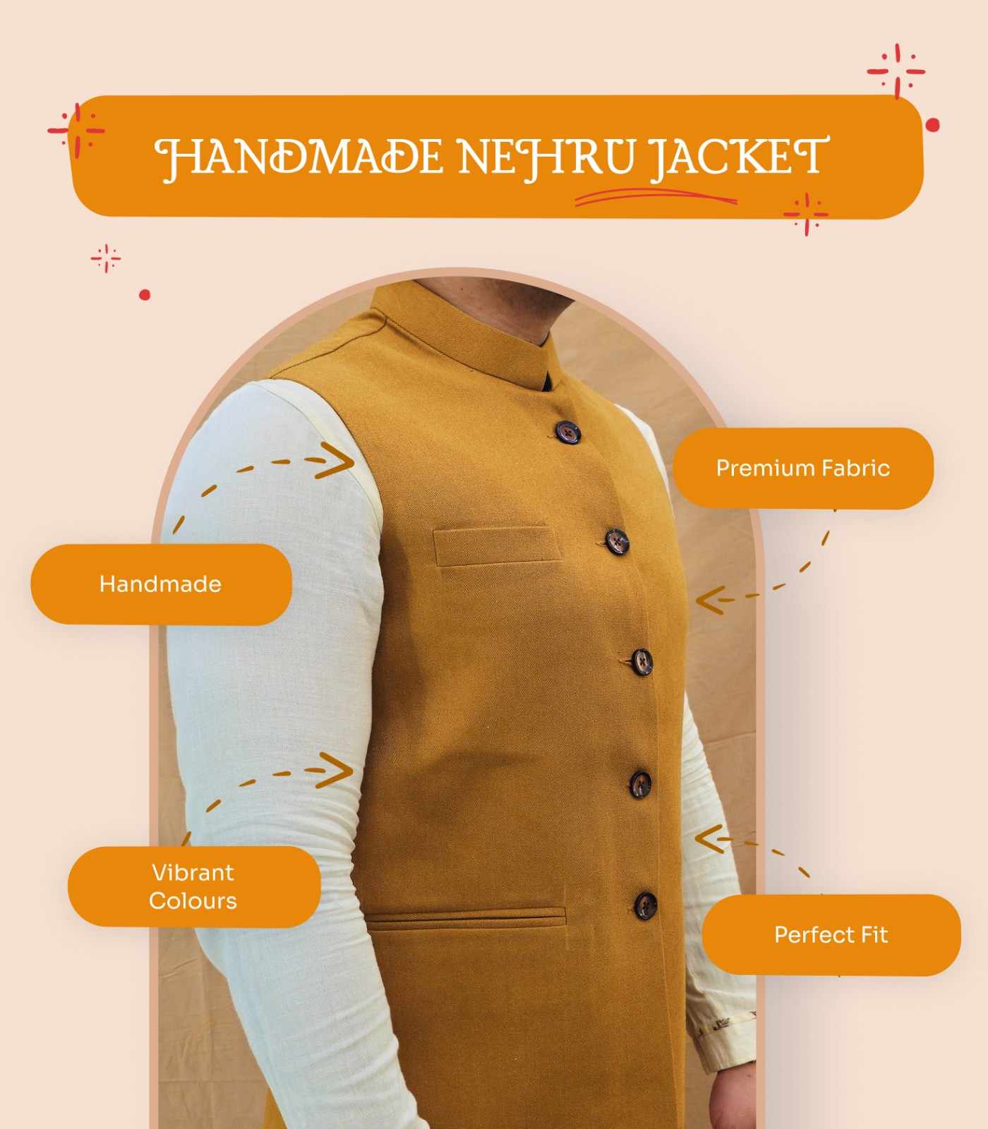 Handmade Nehru Jacket for Men to Match Your Style - Mustard view 2