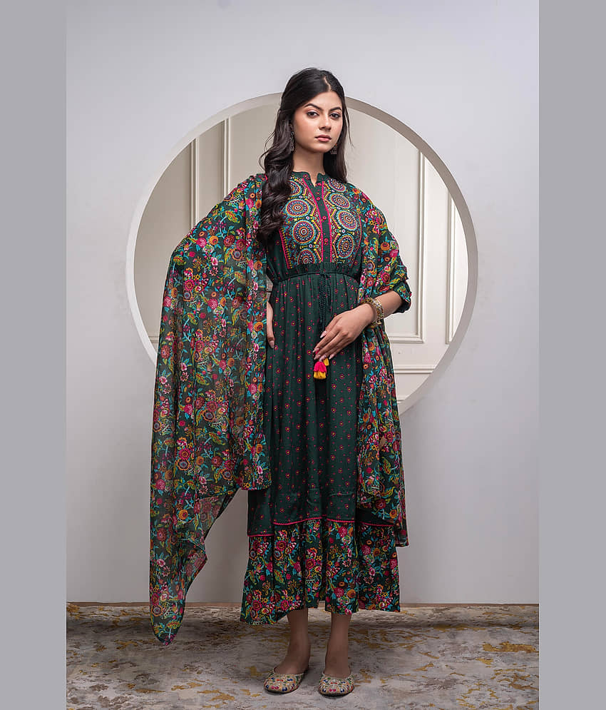 Juniper Women Viscose Printed Fit & Flare Dress ( Green ) view 2