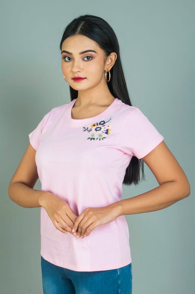 Light pink coloured Hand embroidered Women’s cotton T shirt
