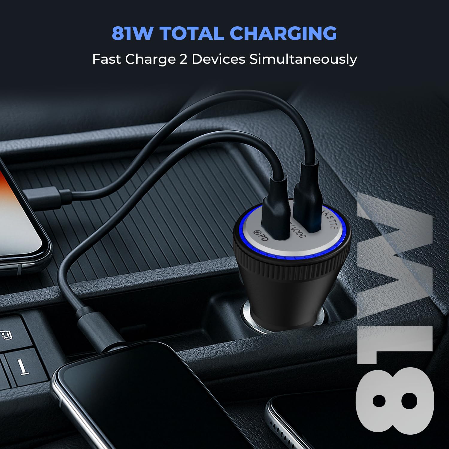 MOZEN by Amkette 81W Car Charger Type C 45W PD + USB-A 36W QC Dual Port Car Charger Socket| Metallic Grey ABS Build with Safety Protections | Multi-Device Compatible for Smartphones, Tablets & Laptop view 2