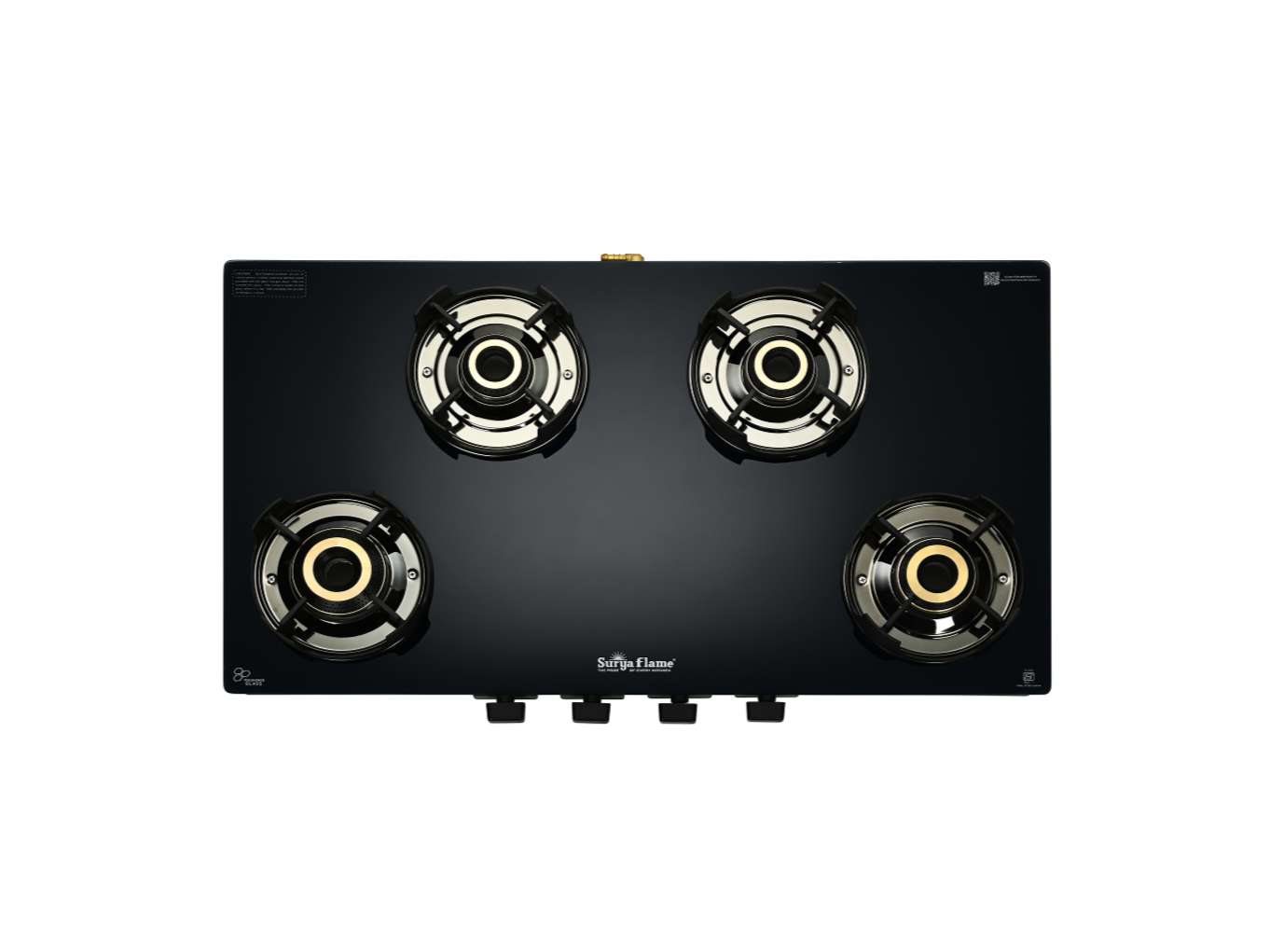Surya Flame Neo Turbo Gas Stove 4 Burners Glass Top, 5 Years Warranty, 4 Burner Stove, 4 Burner Gas Stove Glass Top, 5G Brass Burners with Jumbo Burner, Flame Guard Pan Support & Metal knobs - Black view 2