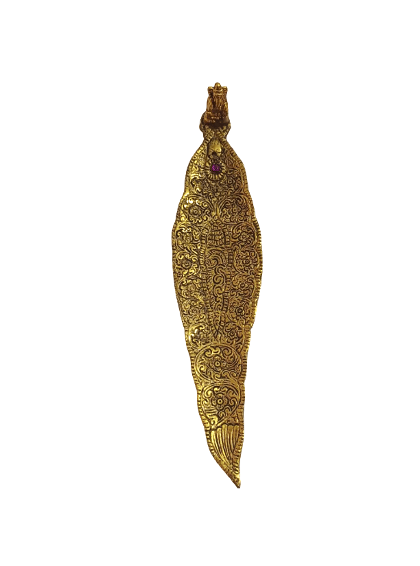 Exquisite Handcrafted Golden Brass Incense Holder with Intricate Carvings & Gem view 2