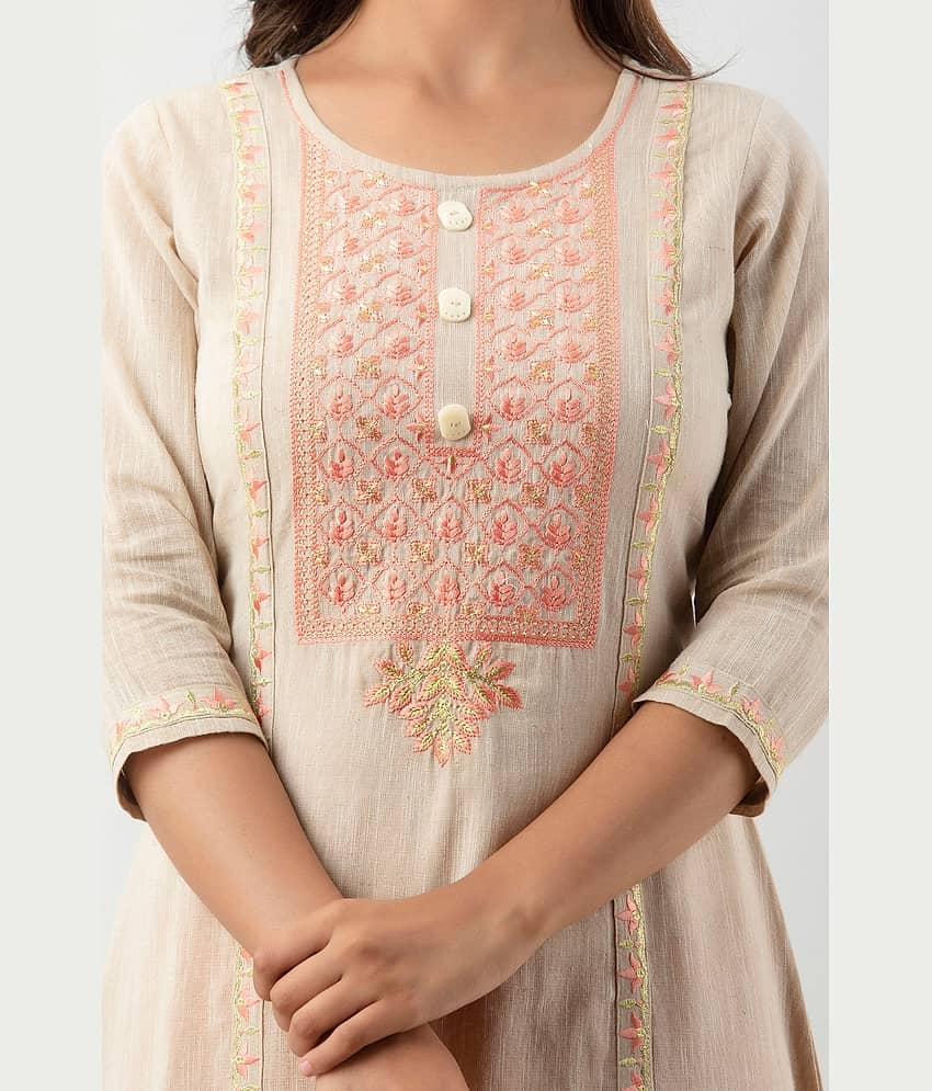 MAUKA - Beige Cotton Women's A-line Kurti ( Pack of 1 ) view 2