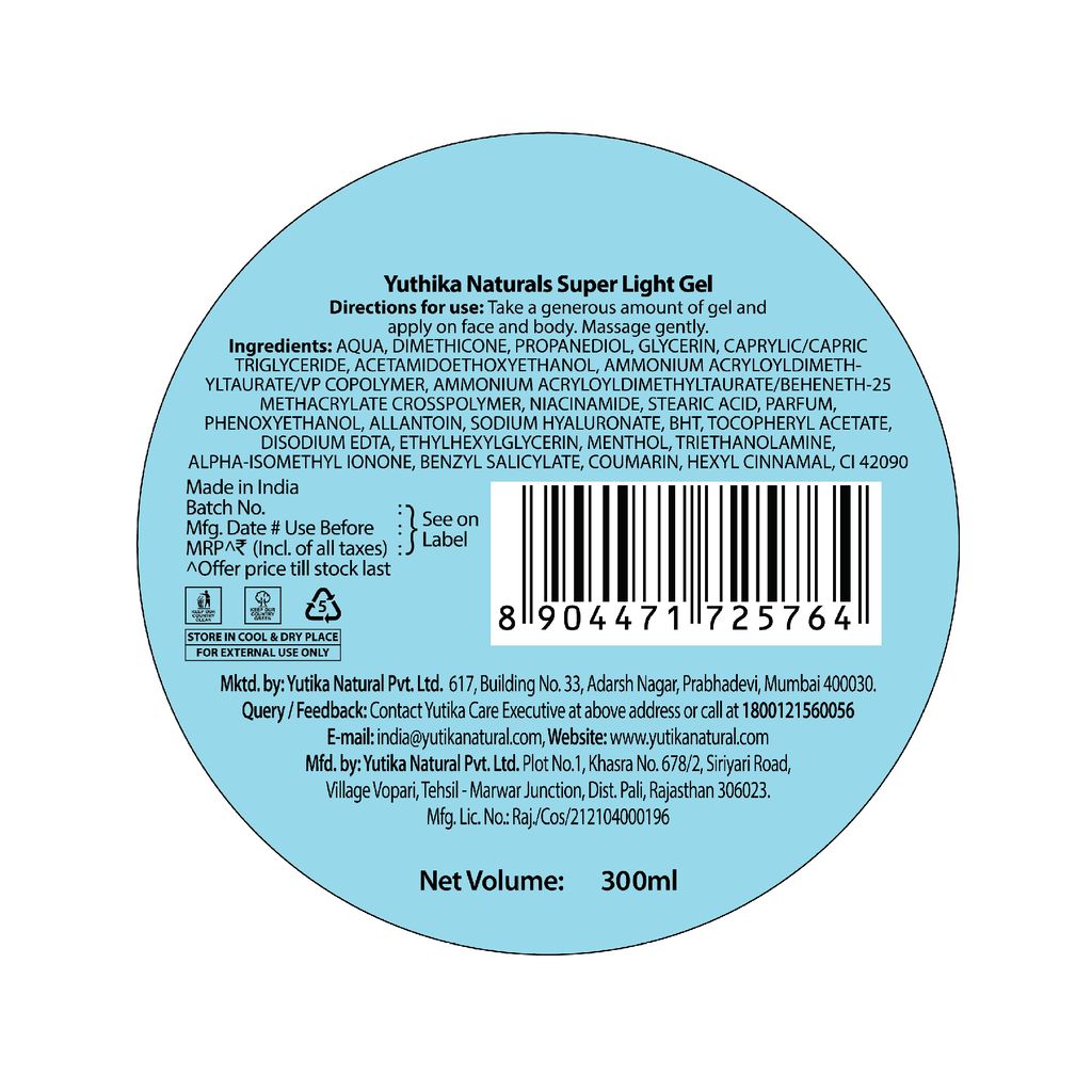 Yuthika Super Light Gel Face Moisturizer with Hyaluronic Acid 300ml, Face Gel Moisturizer for Combination & Oily Skin view 2