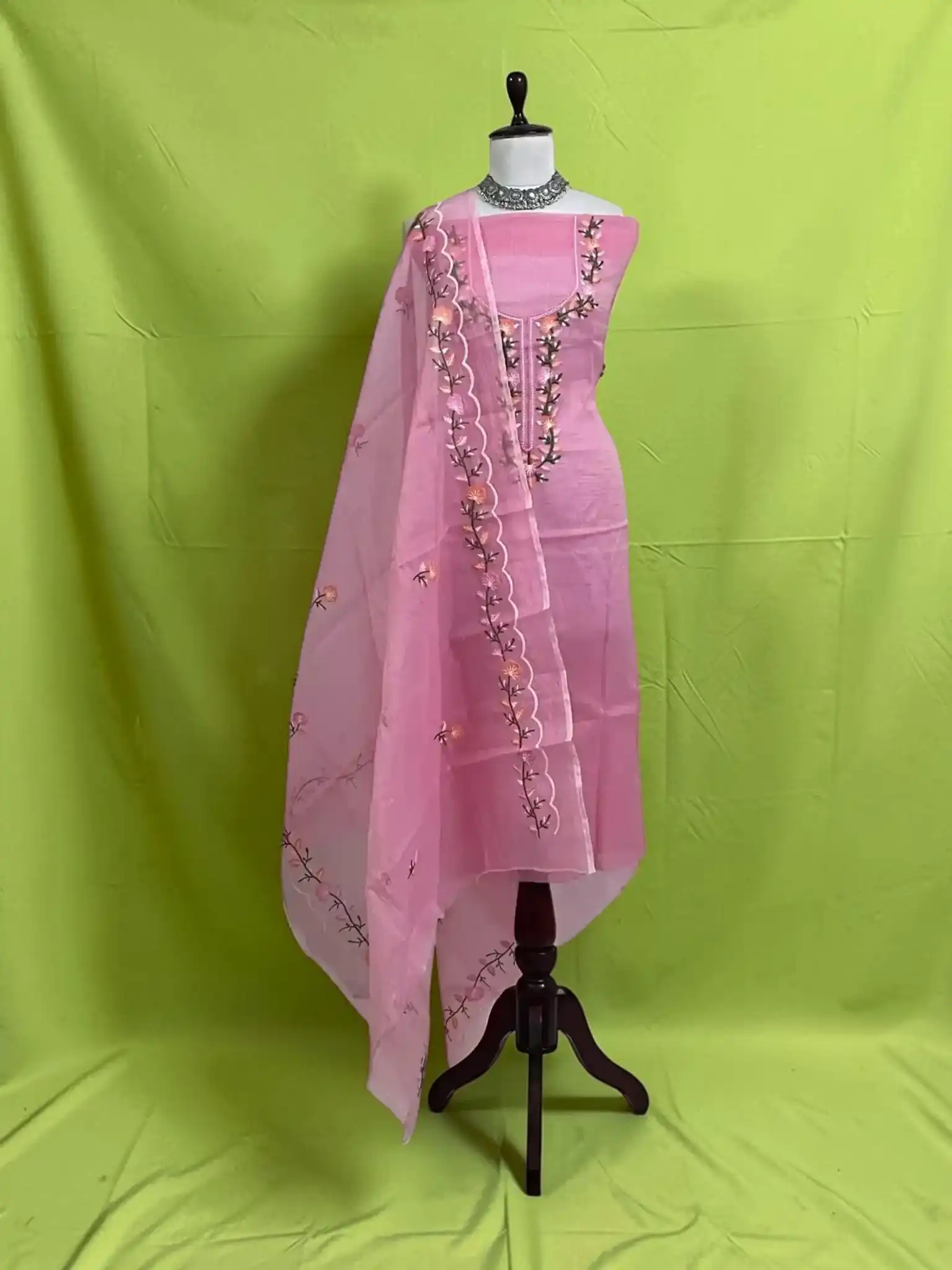 Handwoven Kota Doria Dress Material in Rose Pink with Gota Patti