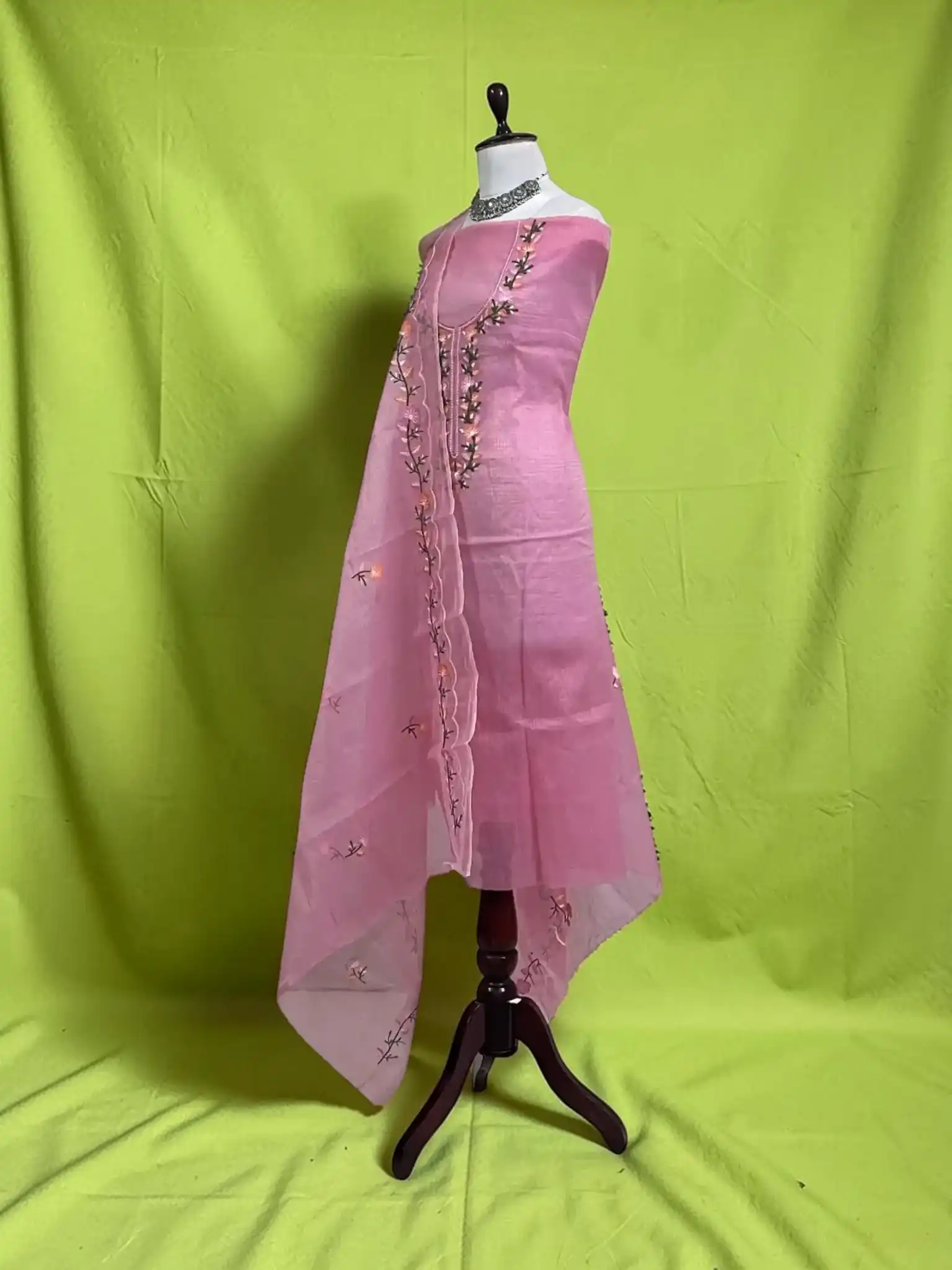 Handwoven Kota Doria Dress Material in Rose Pink with Gota Patti view 2