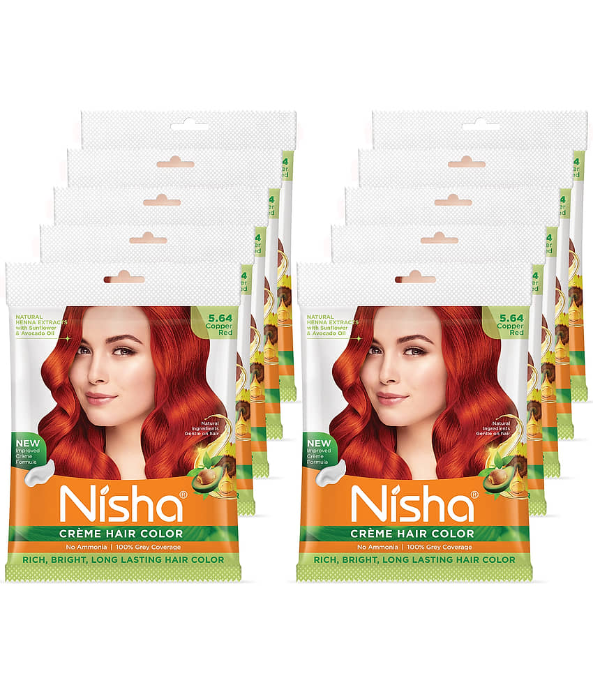 Nisha Creme Hair Color Copper Red 40g Pack of 10, Permanent Hair Color for Women Men, No Ammonia, 100% Grey Coverage