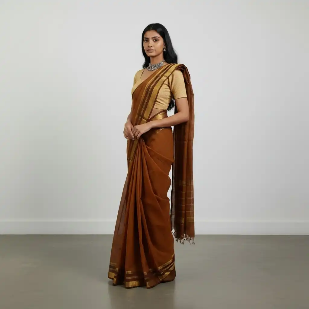 Handwoven Kanchipuram Cotton-Silk Saree in Ochre Brown with Golden Border view 2