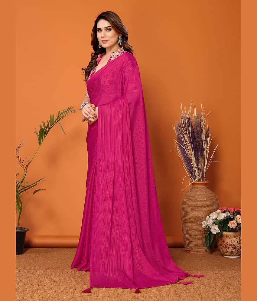 BLEESBURY Chiffon Solid Saree With Unstitched Blouse Piece ( Pink ) view 2
