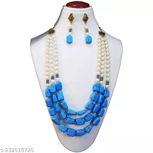 TURQUOISE TUMBLE & SYNTHETIC PEARL NECKLACE ( BLUE) view 2