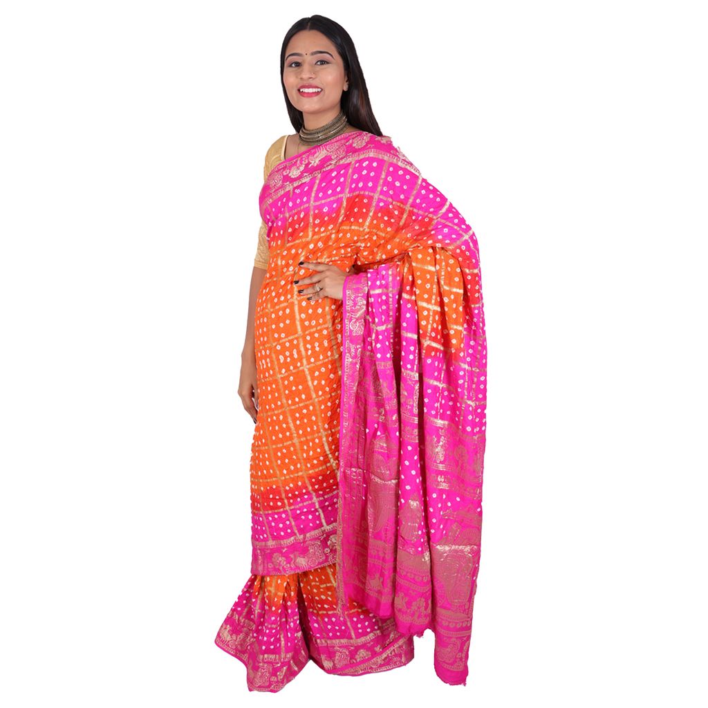 Tribes India Handwoven Orange and Neon Pink Bandhej saree view 2