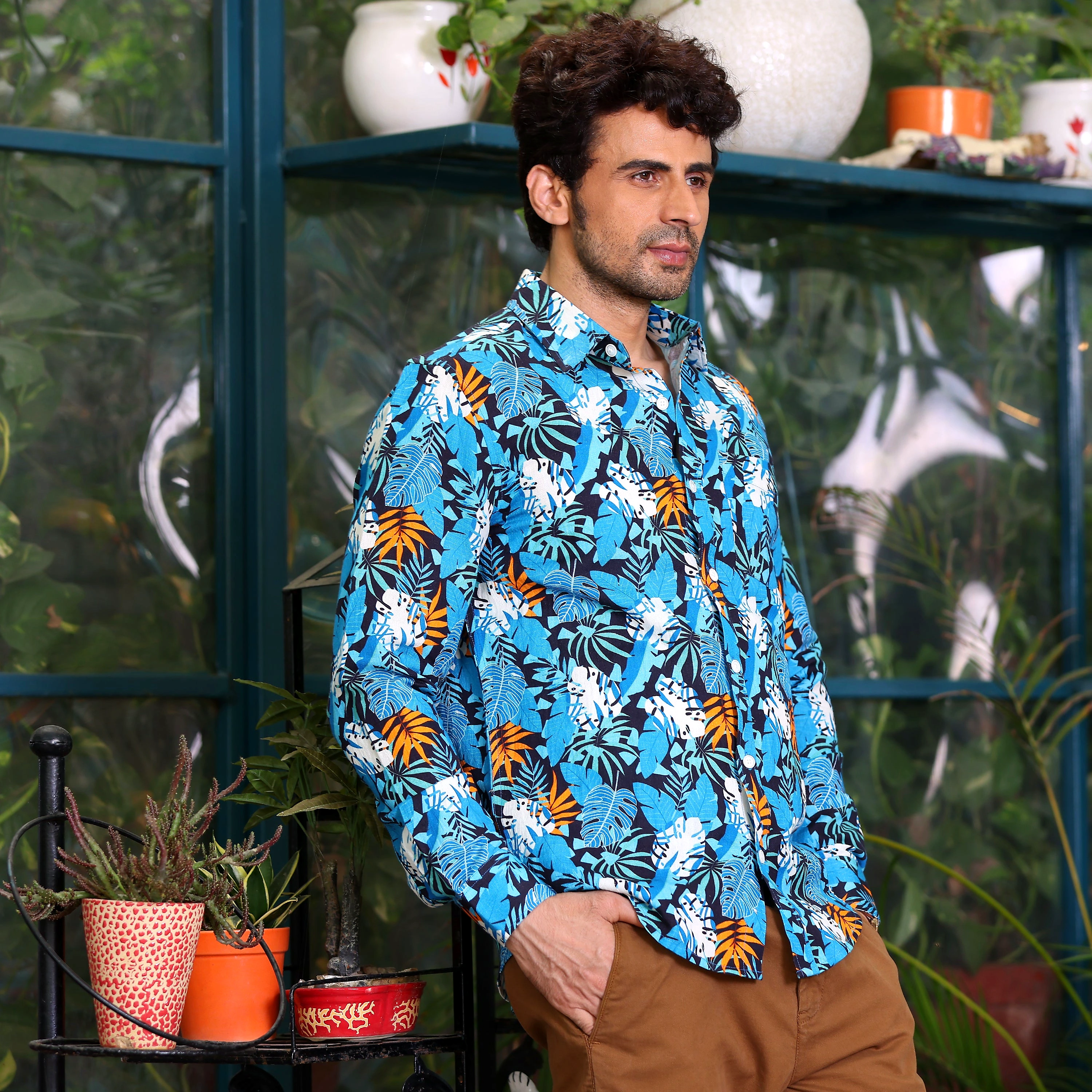 Philodendron Selloum Plant Blue Casual Pure Linen Full Shirt (Size - S) by BLUE EAGLE view 2