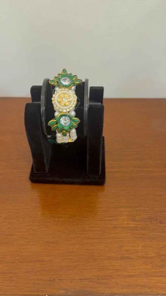 An Elegant Green And Golden Lotus-themed Moti Pearl Bracelet Centered With Sparkling Crystals view 2