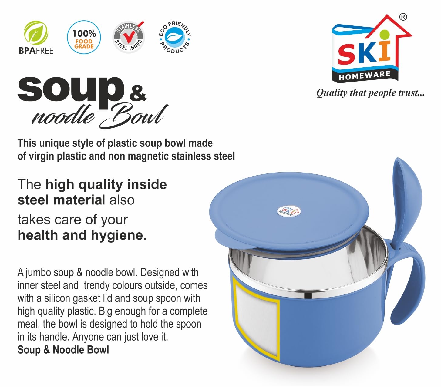 Ski Homeware Beige Soup, Noodles, Pasta, Snack Cup or Bowl With Steel Inner Surface, A Lid & A Deep Spoon view 2