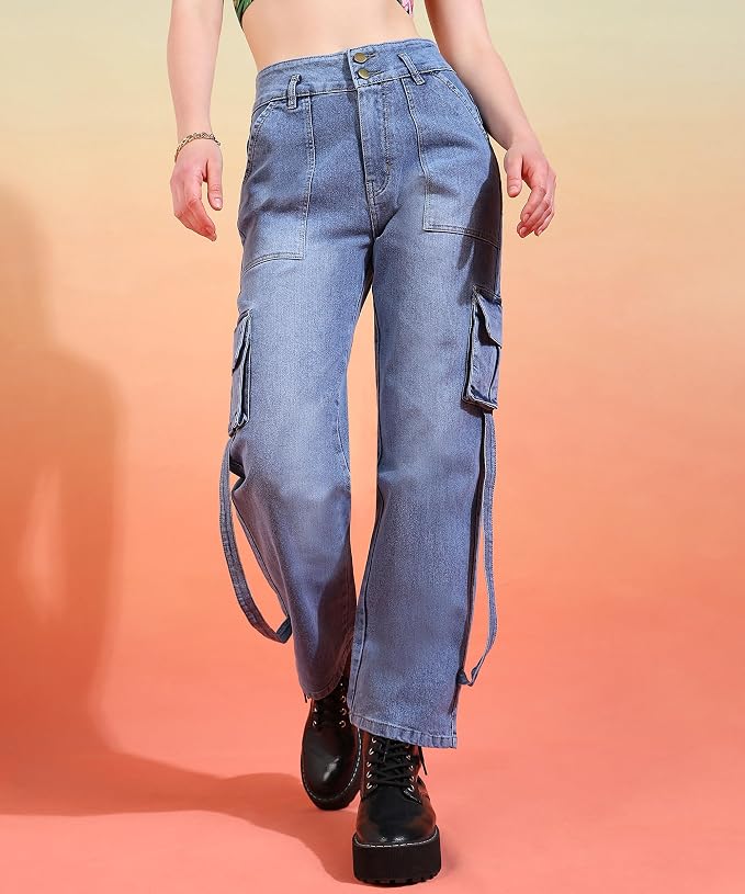 Glossia Fashion Women Cargo Jeans | High Waist Stretchable Wide Leg Straight Fit Denim| Boyfriend Jeans for Women - Light Blue, 32 view 2