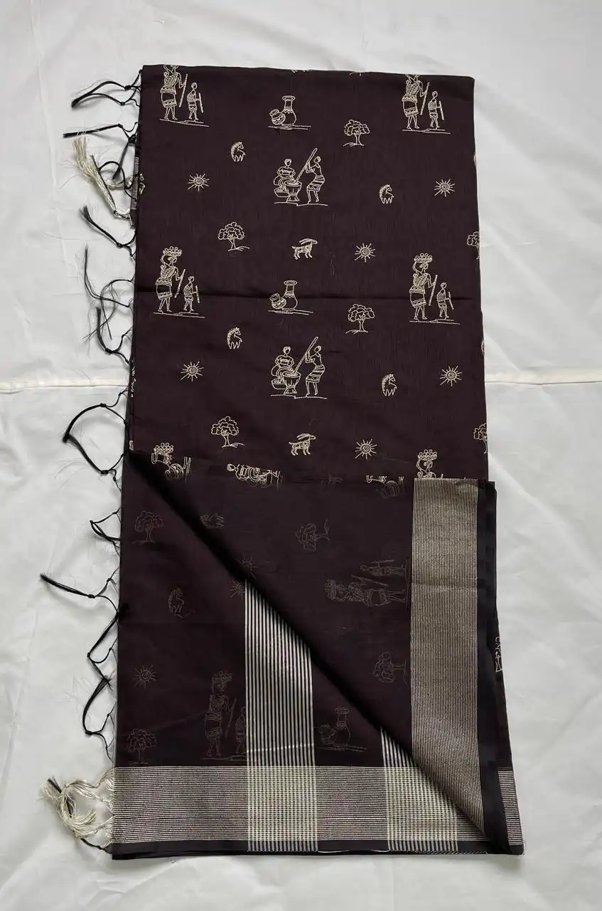 Saura Tribal Cotton Saree Dusty Khaki Village Pallu