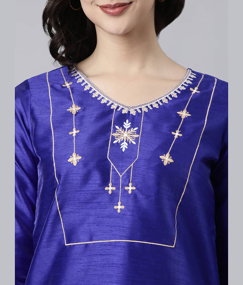 Samhitas Pack of 1 Silk Embroidered Straight Women's Kurti - ( Blue ) view 2