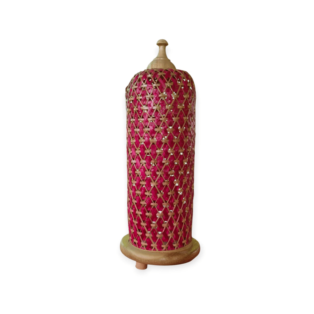Handmade Pink Woven Table Lamp with Wooden Base and Finial view 2