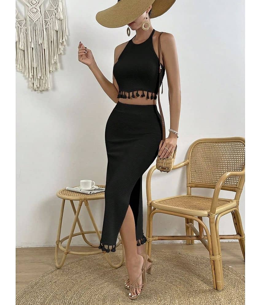 COOL AND CASUAL Women Self Design Top With Skirt Co-Ord Set ( Black ) view 2