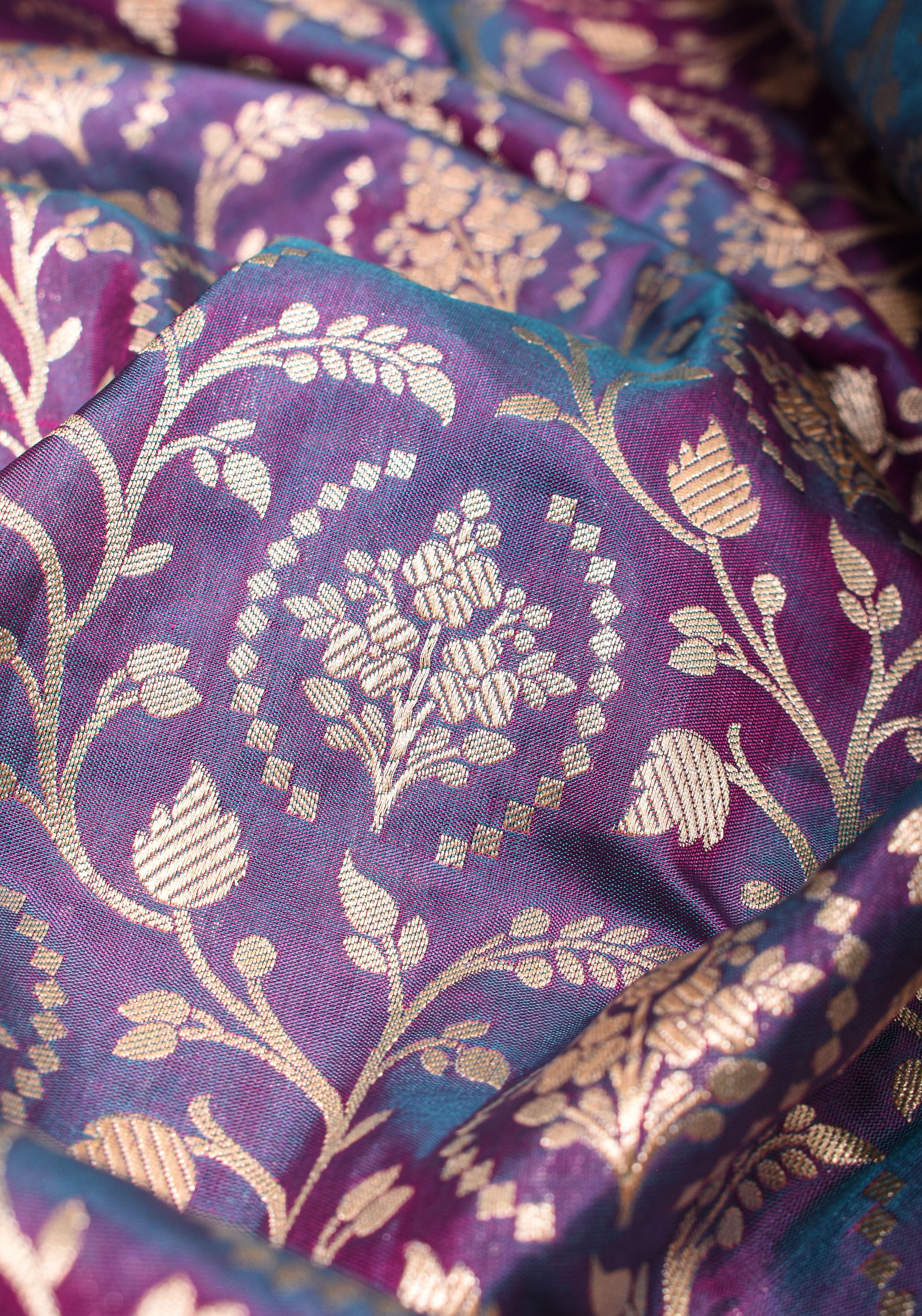 Banarasi Katan Silk Saree with ornate jaal, Purple and blue dual tone | SILK MARK CERTIFIED view 2
