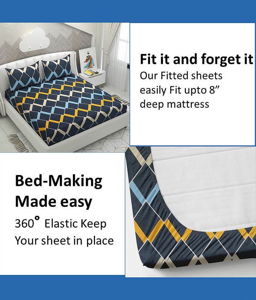 Apala Microfibre Abstract Printed Fitted Double Bedsheet With 2 Pillow Covers- Yellow view 2