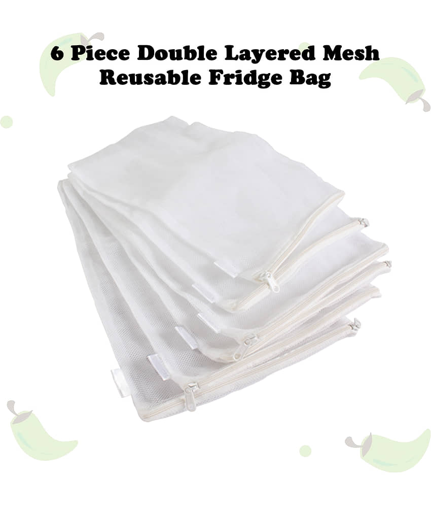 PrettyKrafts mesh Reusable Fridge Storage Bag for Fruits & Vegetables-Set of 18 (Double Layered Mesh)- White view 2