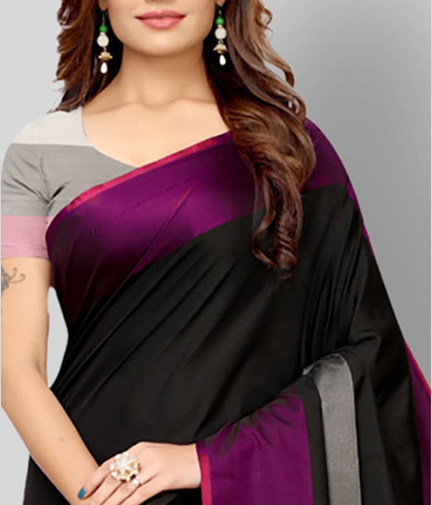 NIGHT BLUE Cotton Linen Blend Saree With Unstitched Blouse Piece ( Black ) view 2