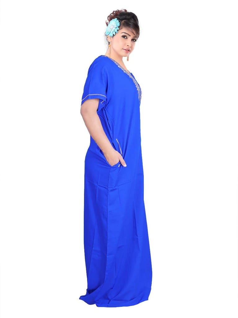 VALENCIA SLEEPWEAR Women's Cotton Embroidered Maxi Nighty (VS-Nroyalblue_LP1_Royal Blue_Free Size) view 2