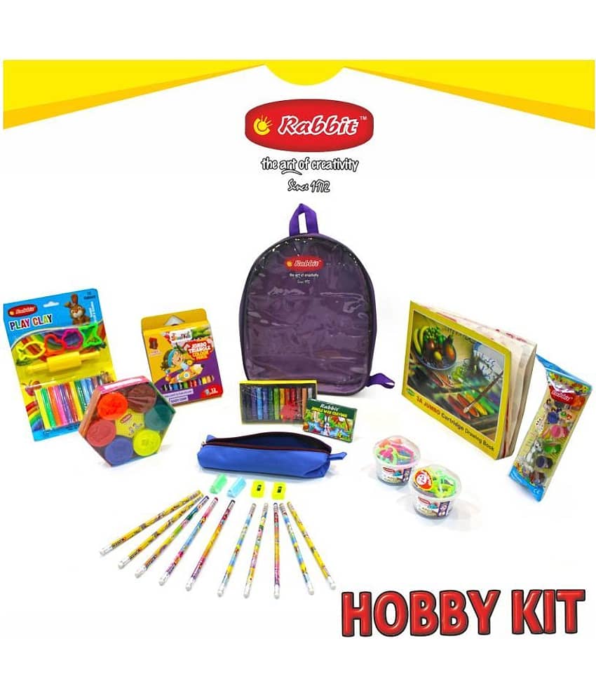 RABBIT Hobby Kit Bag for Kids|Play Doh Clay|Art Kit|HOBBY Stationery for Kids|Art Drawing Kit|12 Color Oil Pastels Wax Colors Color Pencils|Celebration Kit|Play Sand for Kids|HOBBY Bag of assorted Stationery|Drawing Book|Art Craft Kit|For 3+ Age view 2