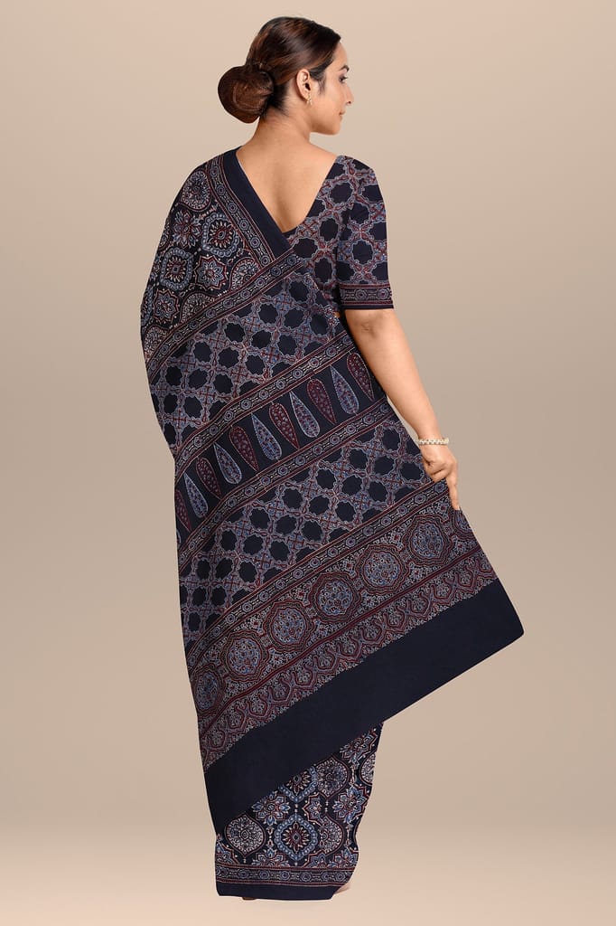 Black Ajrakh Hand Block Print Cotton with Floral Print SKU-BS10075 view 2