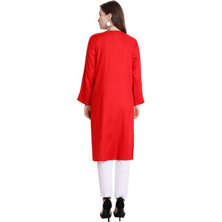Numak Women Chikan Embroidery Straight Kurta (Red, White) view 2