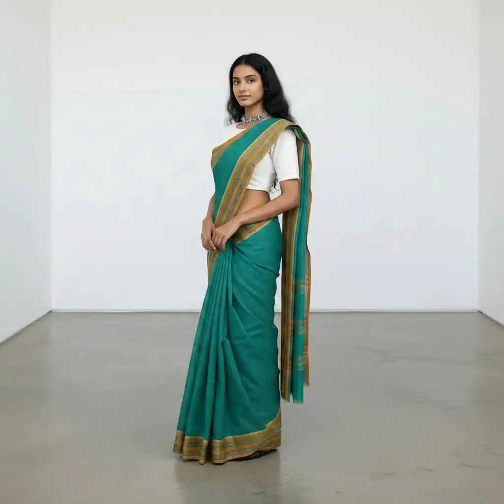 Narayanpet Handloom Cotton Saree in Teal Green with Chikki Paras Border view 2