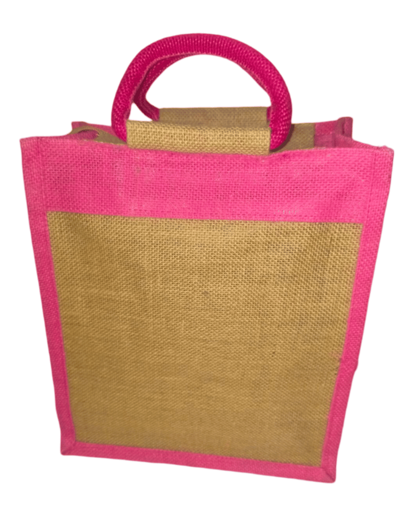 Pink Jute Bag with Colorful Button Detail and Zipper Closure view 2