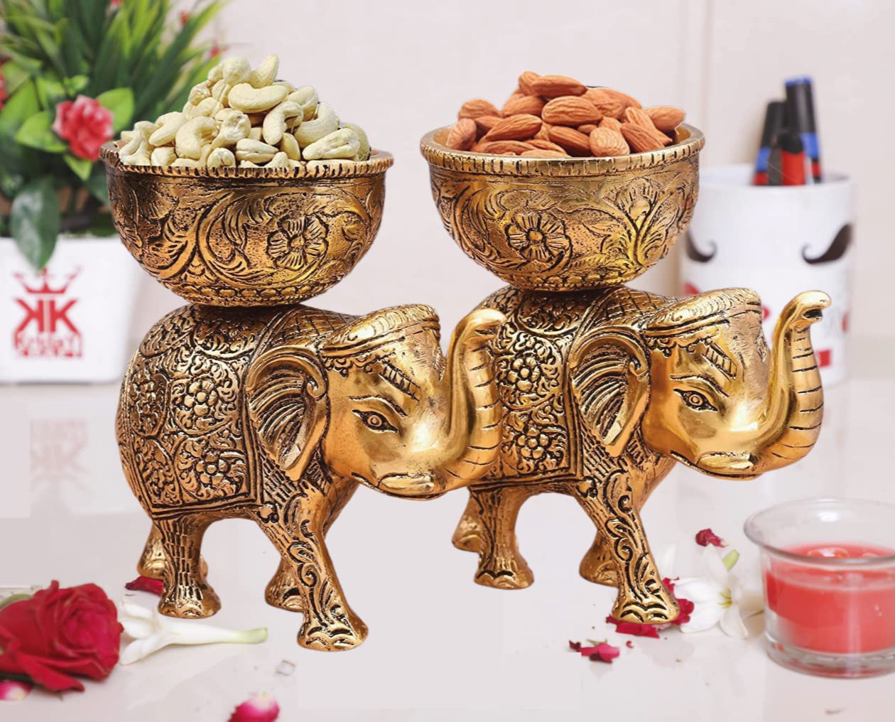 Metal Elephant Dry Fruit Bowl Showpiece Gold Polish view 2