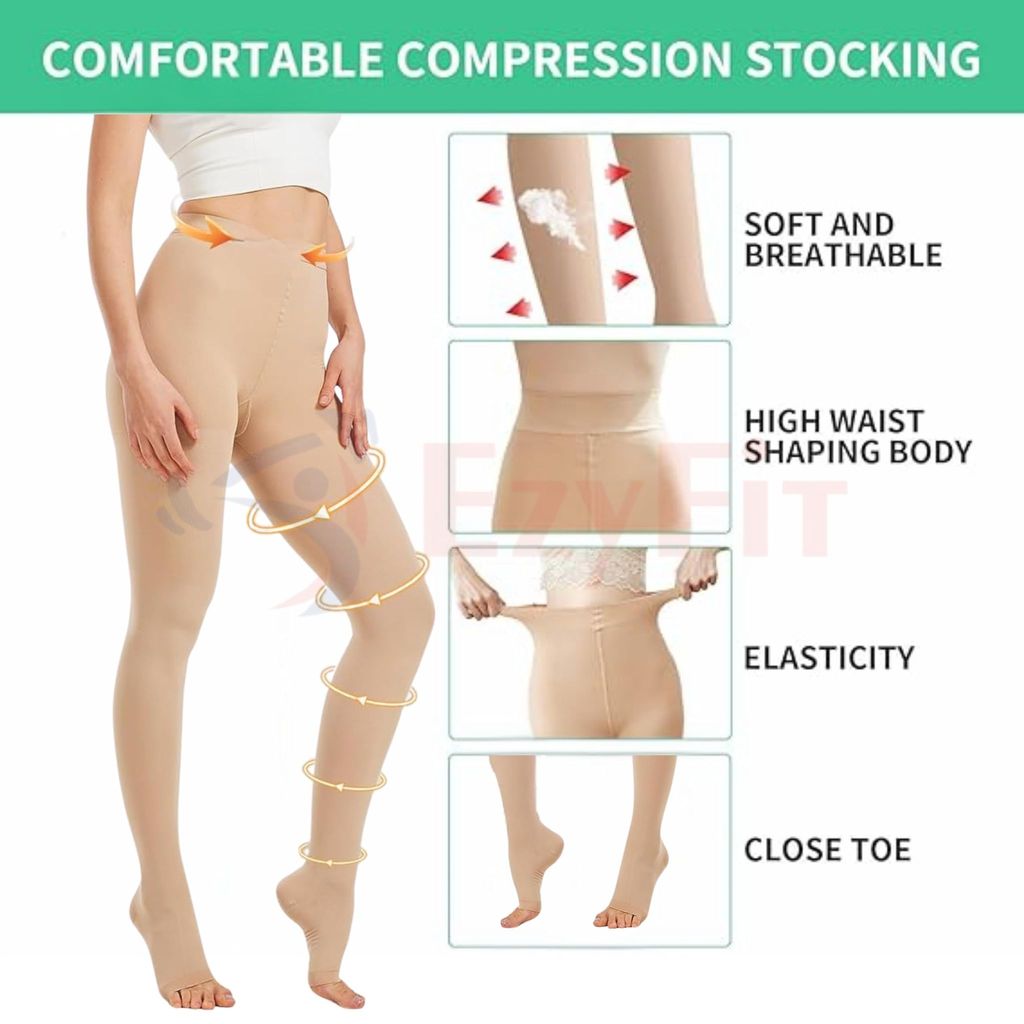 EZYFIT Imported 20-30 mmHg Compression Pantyhose for Women | Open Toe Medical Stockings | Waist High Graduated Support Tights for Varicose Veins, Edema, Swelling, Pregnancy | Unisex view 2