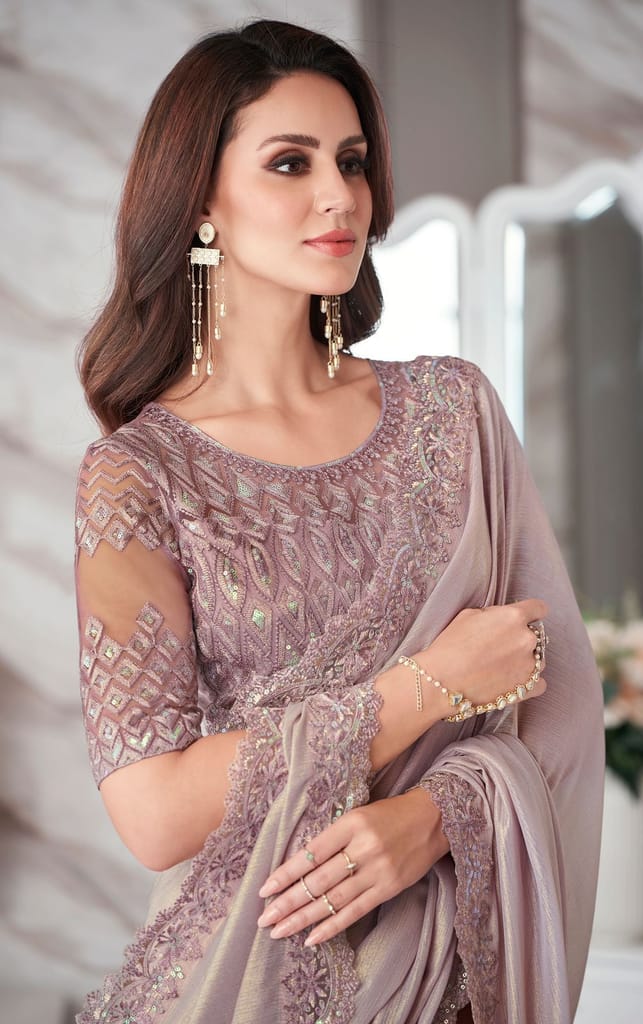 Embroidered Border Chiffon Shimmer Saree in Fawn view 2
