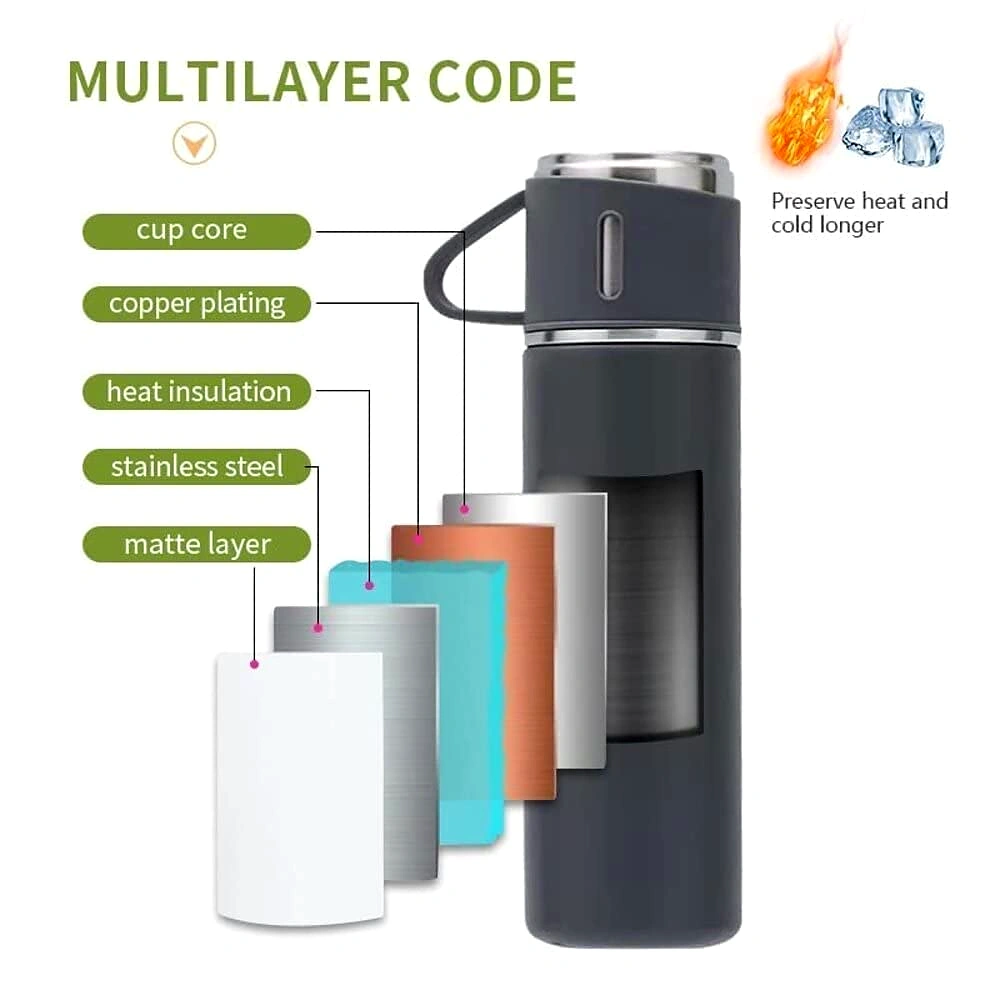 Stainless Steel Vacuum Flask Set with 3 Steel Cups Combo 500ml by GIR FARMER view 2
