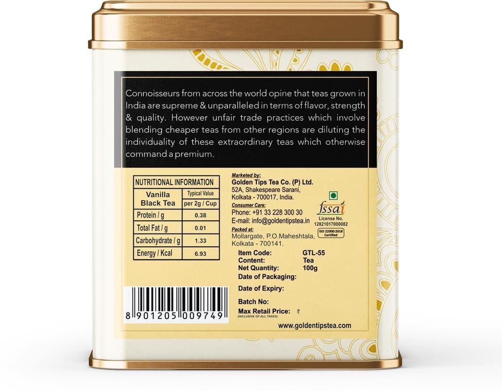 Golden Tips Vanilla Flavour Loose Leaves Black Tea Tin Can (100 Gram , 50 cups) view 2