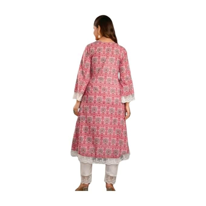 IndiVibes A-Line Suit Pure Cotton Printed A-Line Kurta with Pant and Duptta Set for Women & Girls (Pink) view 2