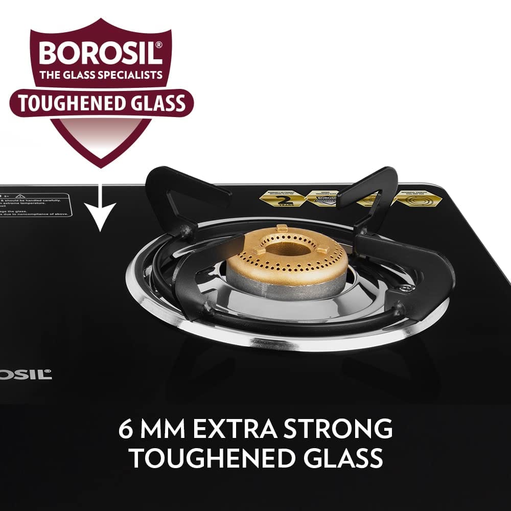 Borosil Magnum 2 Brass Burner Gas Stove (Made in India) | 6 mm Toughened Borosilicate Glass Top | ISI Certified LPG Gas Stove | 360⁰ Revolving nozzle | High Effeciency Burner | 2 Years Warranty view 2