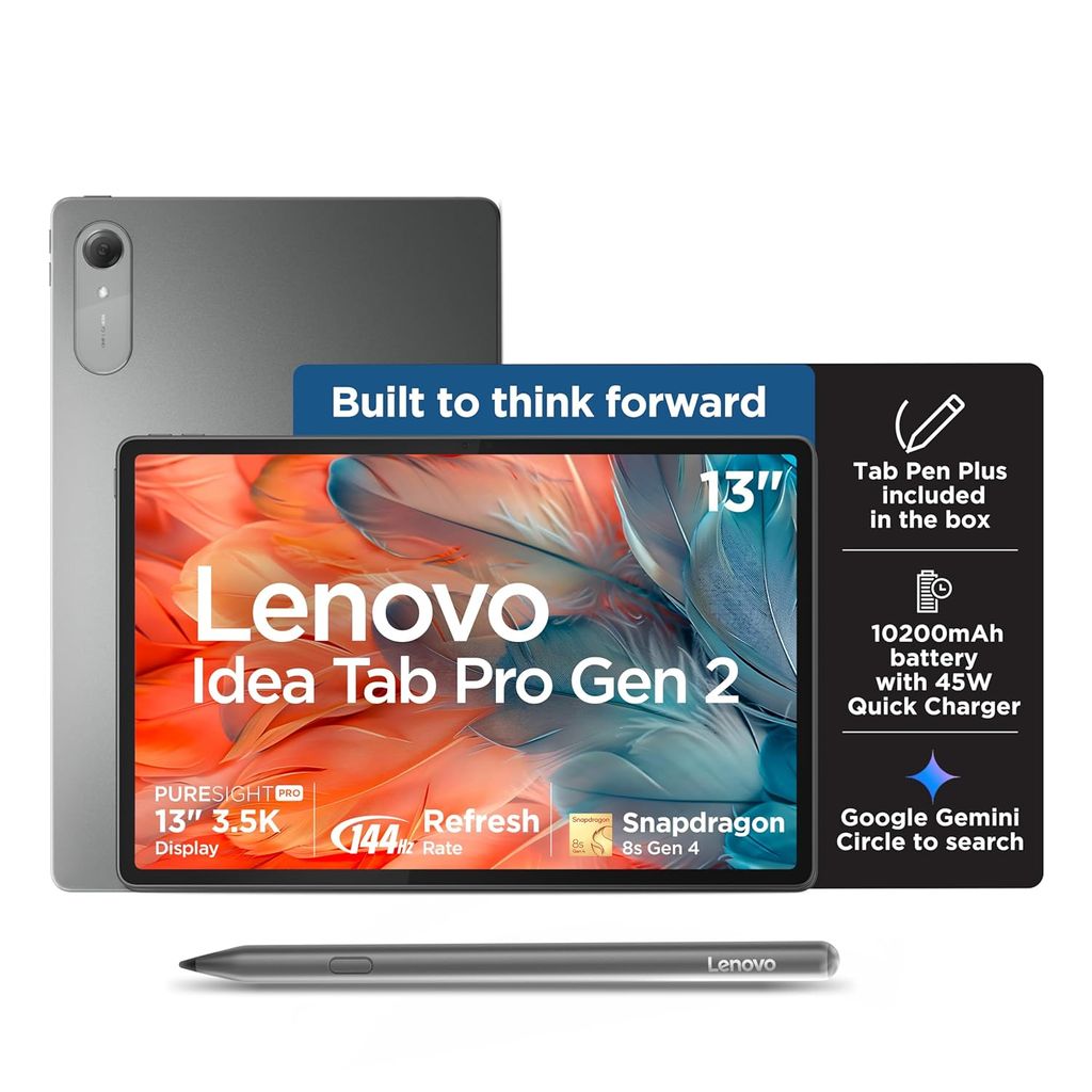 Lenovo Idea Tab Pro Gen 2 with Pen Plus | 13" Display, 3.5K Resolution, 144Hz Refresh | 8GB, 256GB | Snapdragon 8s Gen 4 | 10200mAh | 4 JBL Speakers| USB 3.0 with DP-Out | Wi-Fi 7 | Luna Grey