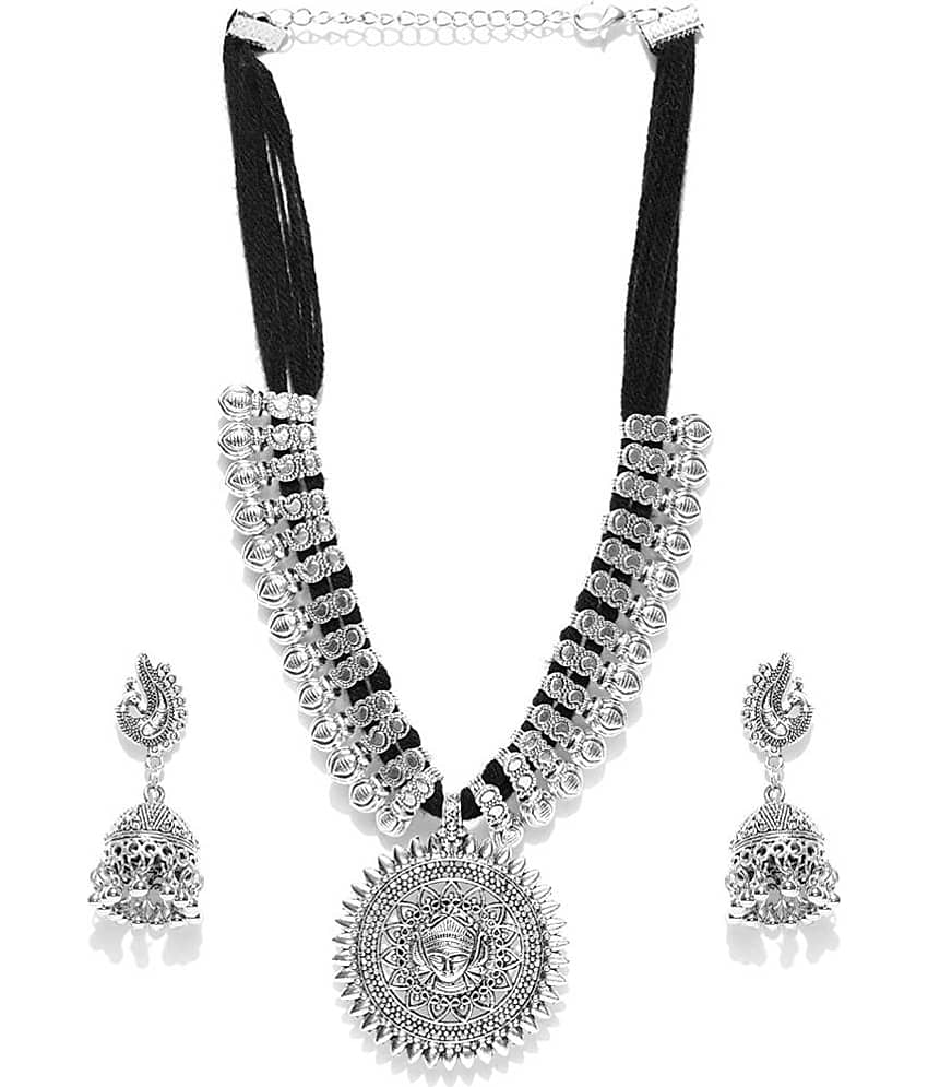 YouBella Fashion Jewellery Antique German Silver Oxidised Plated Tribal Cotton Thread Jewellery Necklace Earring Set for Women & Girls.(Valentine Gift Special). (Black) view 2