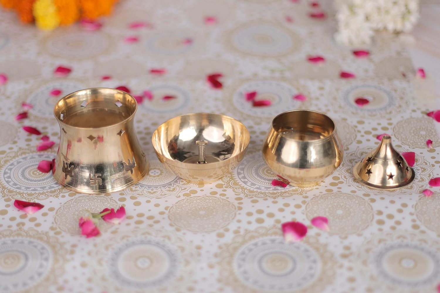 Aatm 3-in-1 Brass Aroma Lamp and Diffuser - Diya, Camphor Burner and Bakhoor Dani - 19.5 cm - For Pooja, Meditation and Home Fragrance