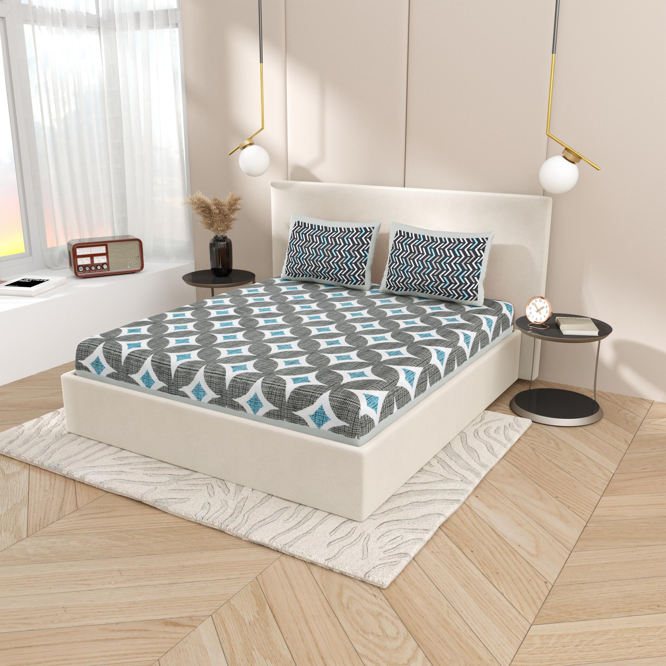 Lali Prints Grey Geometric Printed Cotton 130 TC Queen Bedsheet with 2 Pillow Covers view 2