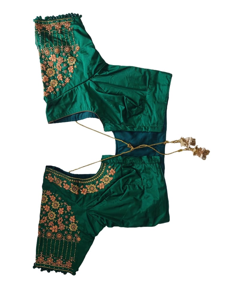 Green blouse with intricate zari embroidery and mirror work view 2