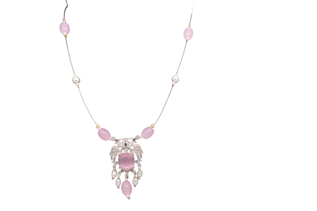 Elegant Pink Stone Pendant Necklace with Pearl Drops view 2