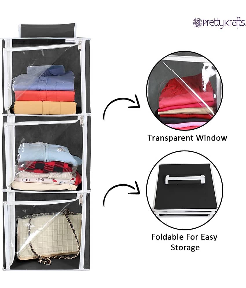 PrettyKrafts 3 Shelf with Transparent Front Clothes Hanging Organizer, Wardrobe for Regular Garments, Shoes Storage Cupboard, Hanger Bag,(Pack of 2) Black view 2
