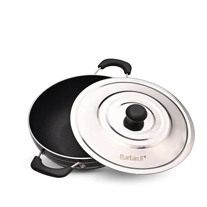 Non-Stick Deep Kadhai with Steel Lid 3.5 Litre, 28 cm Diameter | 2.6mm Thick, 3-Layer Greblon Coating | Metal Spoon Friendly Kadai for Gas Stove Cooking view 2